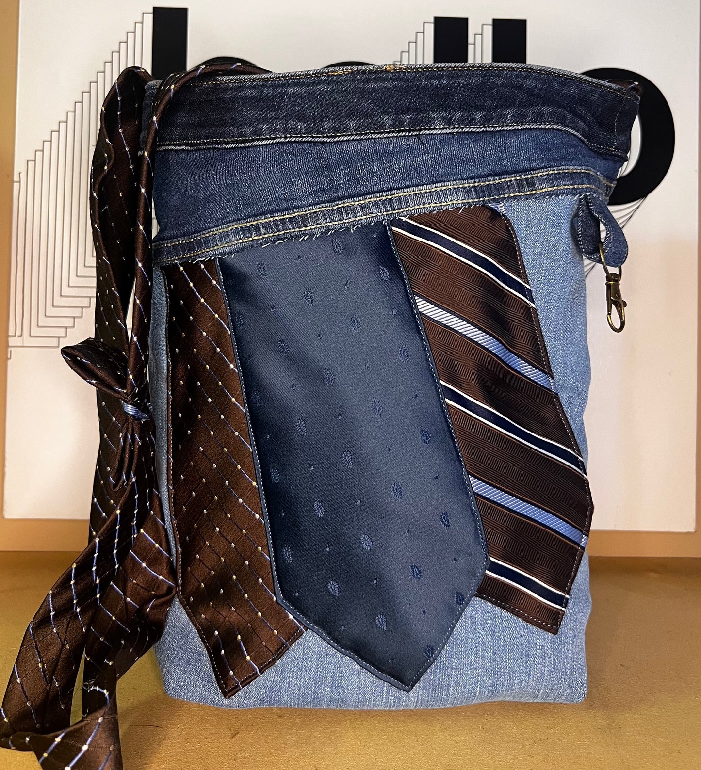 Denim shoulder strap bag. Strap made from men’s dress ties.