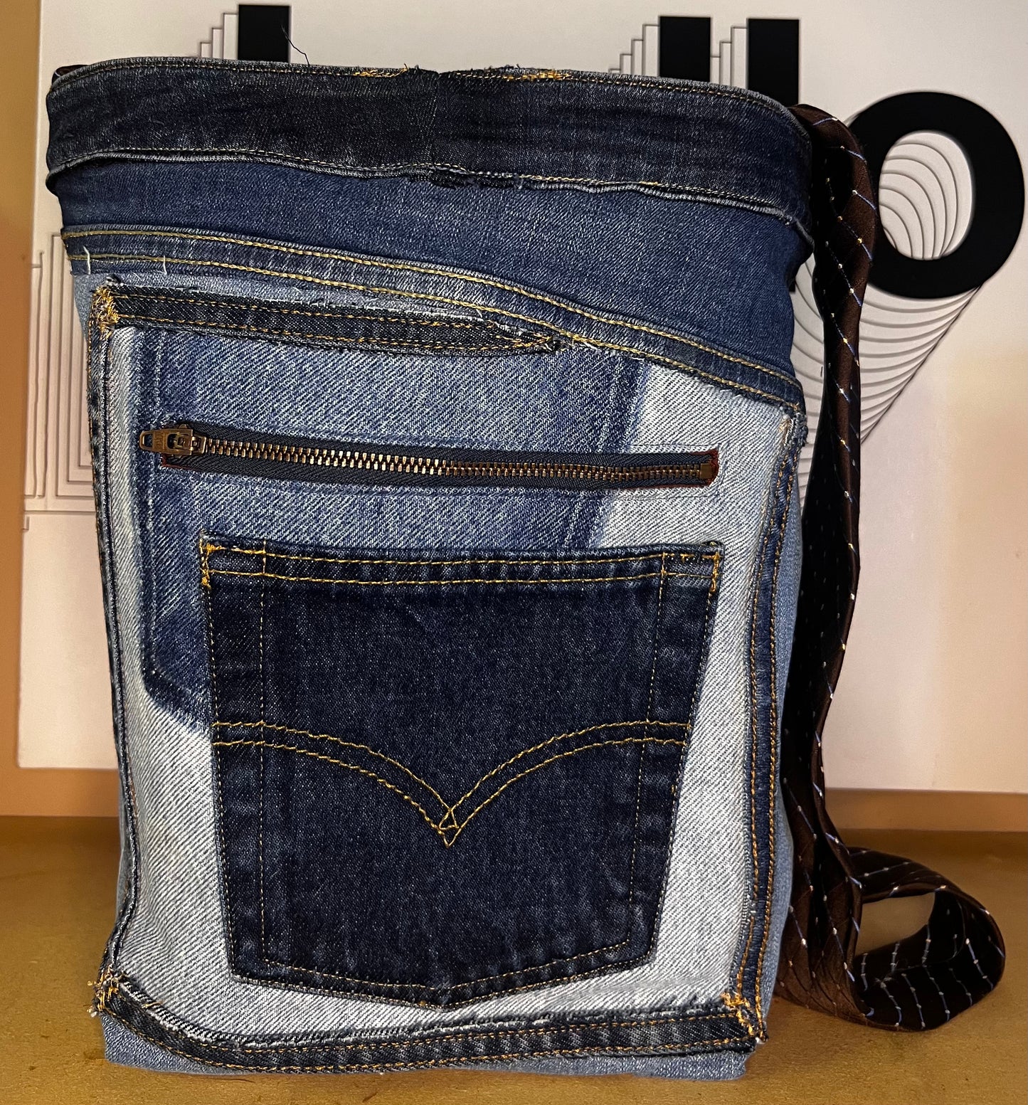 Denim shoulder strap bag. Strap made from men’s dress ties.