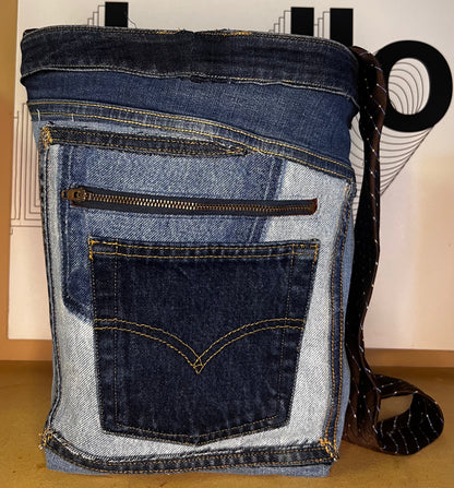 Denim shoulder strap bag. Strap made from men’s dress ties.