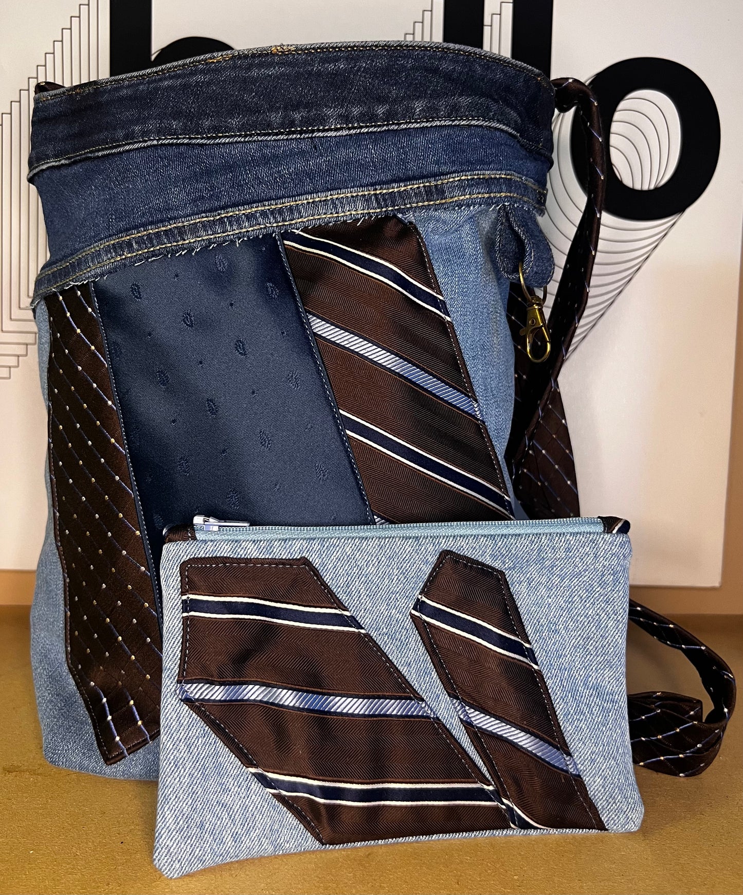 Denim shoulder strap bag. Strap made from men’s dress ties.