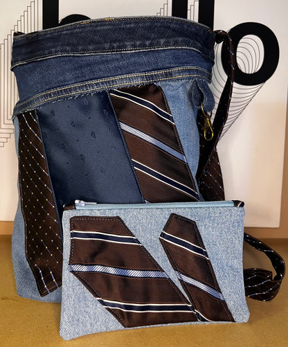 Denim shoulder strap bag. Strap made from men’s dress ties.