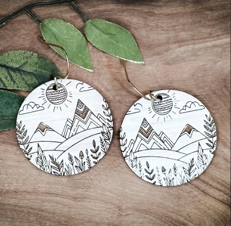 Boho Mountain Scene Round Dangle Earrings